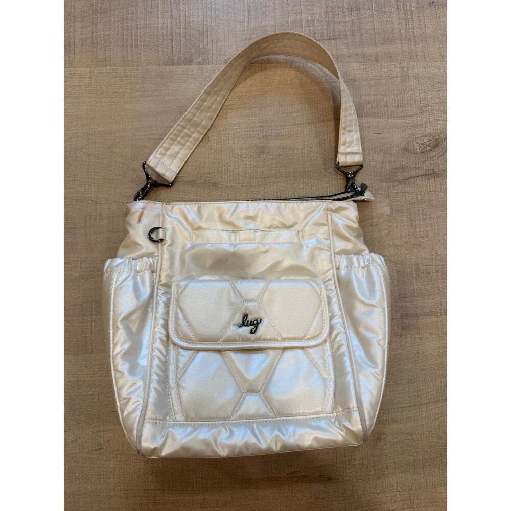 Lug Pearl Ivory Quilted Nylon Shoulder Bag Convertable Crossbody Purse